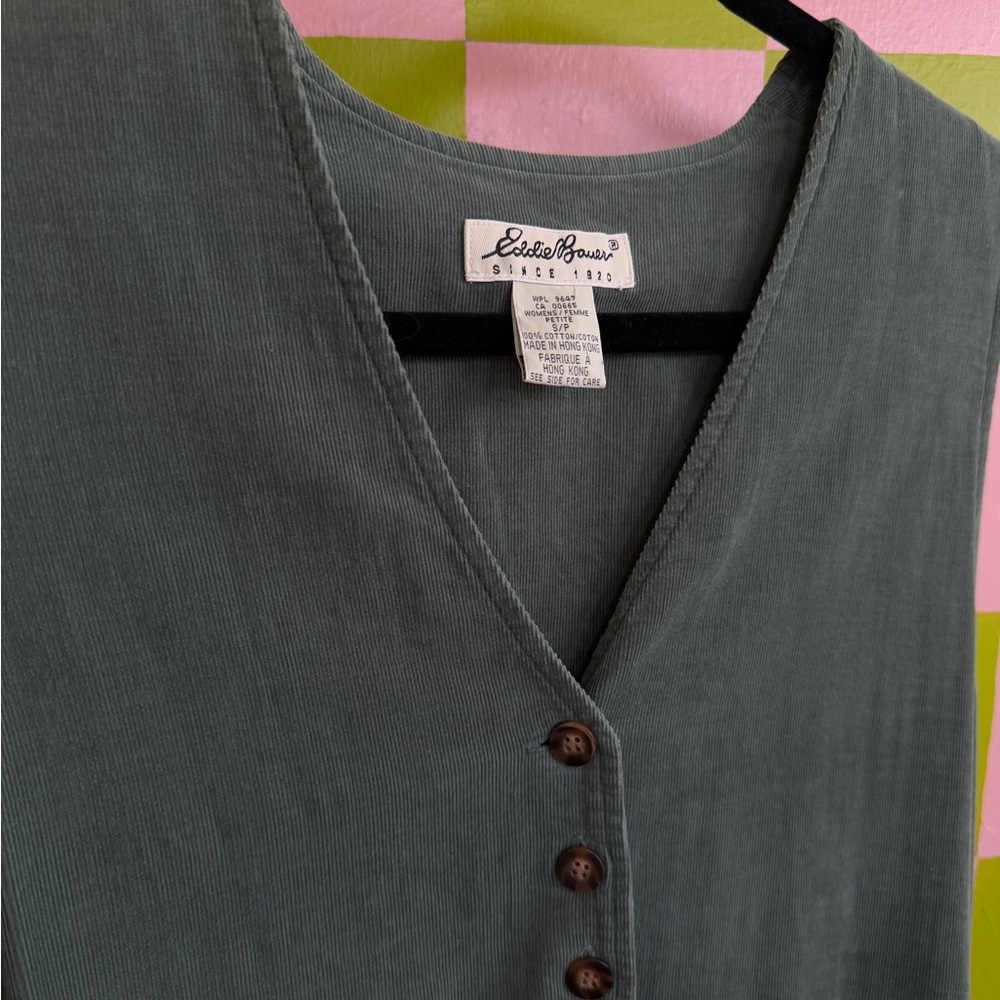 Vintage Eddie Bauer Elegant Sage Green Corduroy Sleeveless Dress - Picture 2 of 4
